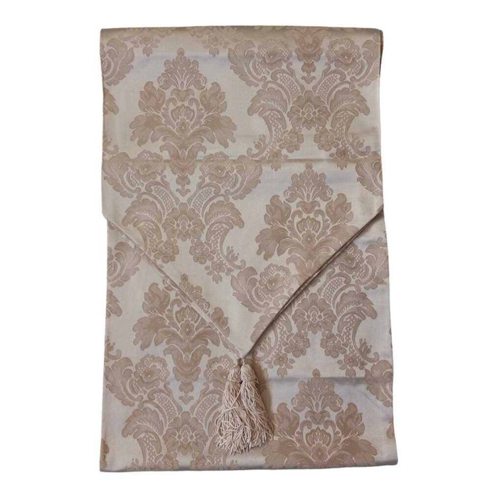 Fawn color damask jacquard table runner with tassels 16 inches W X 8 feet long